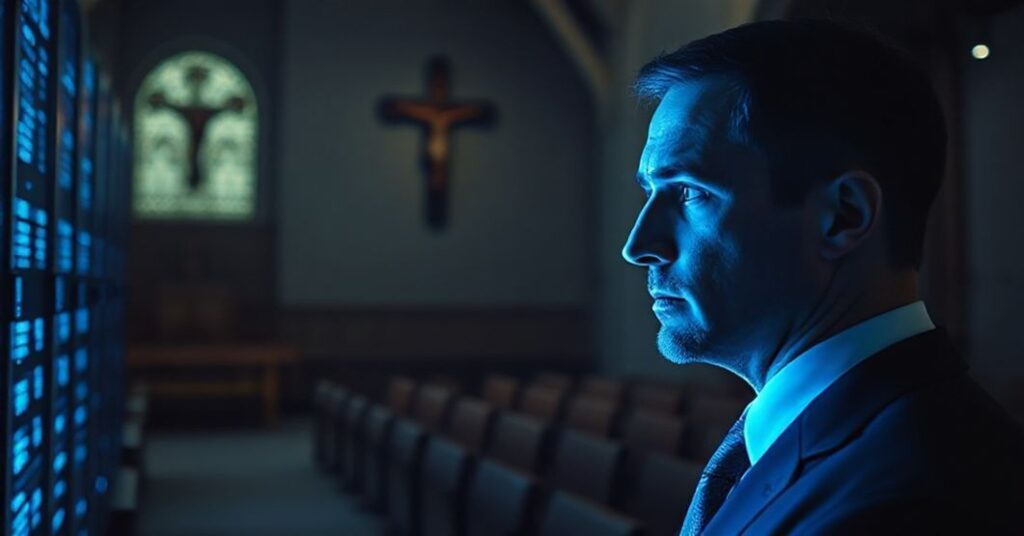 Człowiek patrzy na ekran z danymi w cieniu kościoła - ostrzeżenie przed technokratycznym kultem cyfrowych danych