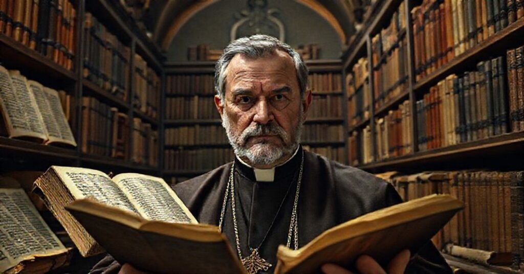 Tradycyjna katolicka scena w historycznej bibliotece watykańskiej z Giovannim Cesare Pagazzim i starymi rękopisami.