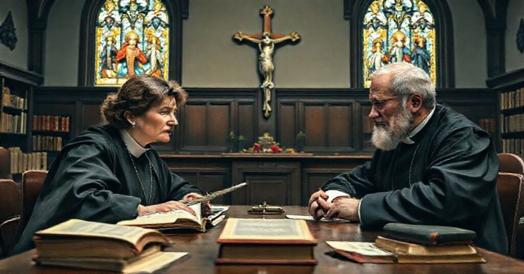 Tradycyjny katolicki obraz wyglądu sali wykładowej z profesorem Barbarą Strzałkowską i Waldemarem Chrostowskim dyskutującymi nauki św. Augustyna z Hippony.