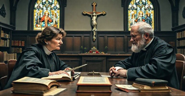 Tradycyjny katolicki obraz wyglądu sali wykładowej z profesorem Barbarą Strzałkowską i Waldemarem Chrostowskim dyskutującymi nauki św. Augustyna z Hippony.