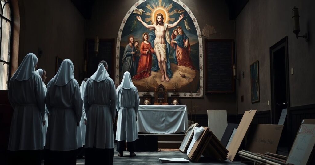 Melancholiczne wnętrze archiopactwa cystersów w Jędrzejowie z częściowo zniszczonym freskiem z XIV wieku i nowoczesnymi narzędziami budowlanymi rozrzuconymi u stóp ołtarza