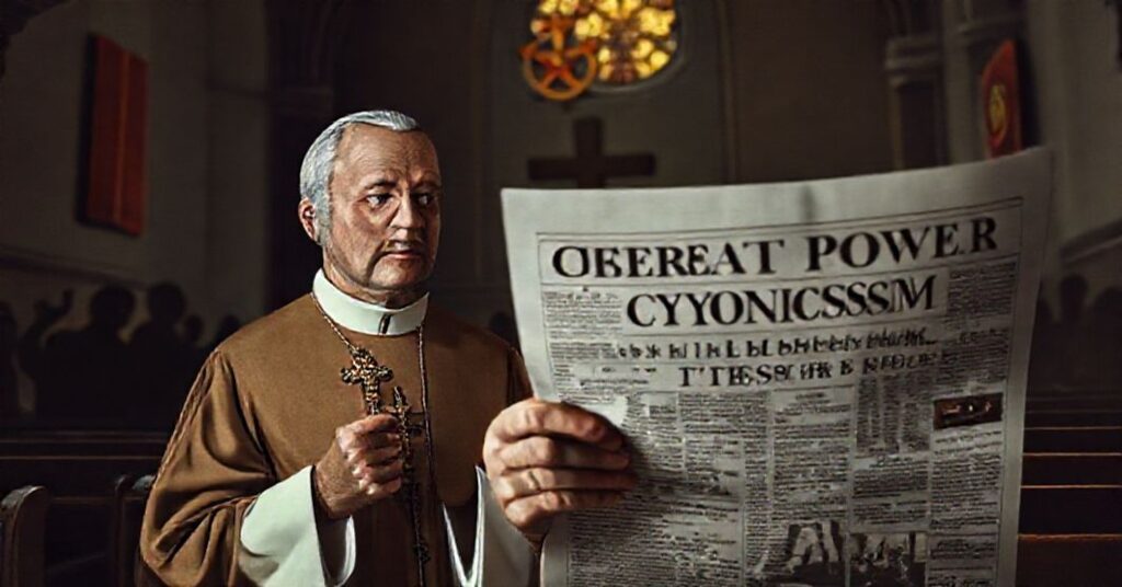 Czarna i biała fotografia przedstawiająca tradycyjnego księdza katolickiego trzymającego krzyż w ciemnym kościele z tłem symbolizującym zniszczenie chrześcijaństwa w Chinach.