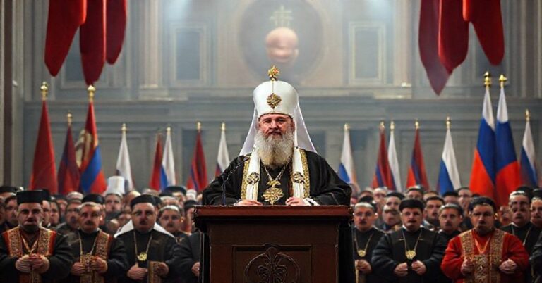 Patriarcha Cyryl I Moskwy i całej Rusi przemawia do zgromadzenia rosyjskich schizmatyków na tle architektury ery sowieckiej i flag Rosji