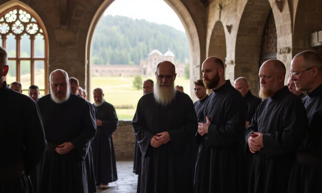 Obraz przedstawiający cystersów w tradycyjnych habitach modlących się w historycznym opactwie w Wąchocku