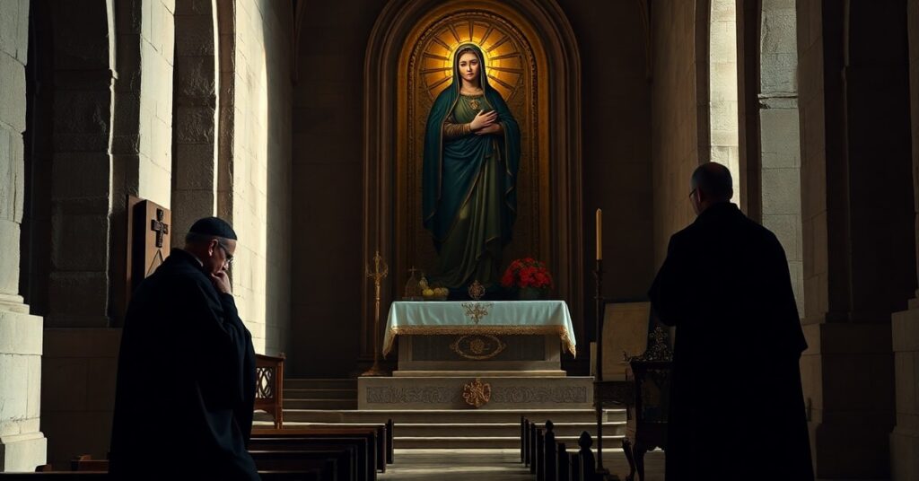 Obraz przedstawiający Czarną Madonnę z Montserrat w jej sanktuarium z tradycyjnym benedyktyńskim mnichem modlącego się przed nią. Na tle widoczny jest cień uzurpatora Leona XIV.