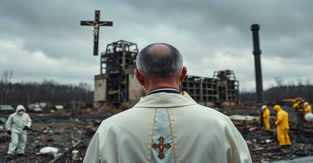 Katolicki ksiądz w tradycyjnych ornatach modli się przed ruinami elektrowni w Czarnobylu na tle pracowników w kombinezonach ochronnych i żołnierzy podczas wojny.