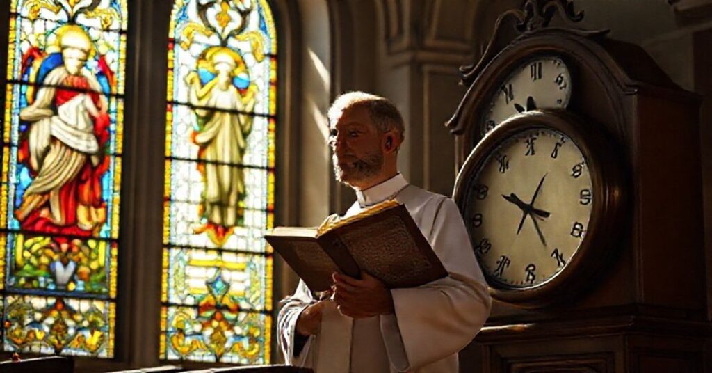 Ksiłdź katolicki trzymający brewiarz w tradycyjnym kościele pod światłem witrażami przedstawiającymi Chrystusa Króla, z analogowym zegarem pokazującym przejście czasu letniego na zimowy.
