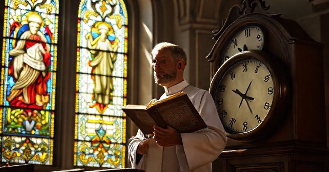 Ksiłdź katolicki trzymający brewiarz w tradycyjnym kościele pod światłem witrażami przedstawiającymi Chrystusa Króla, z analogowym zegarem pokazującym przejście czasu letniego na zimowy.