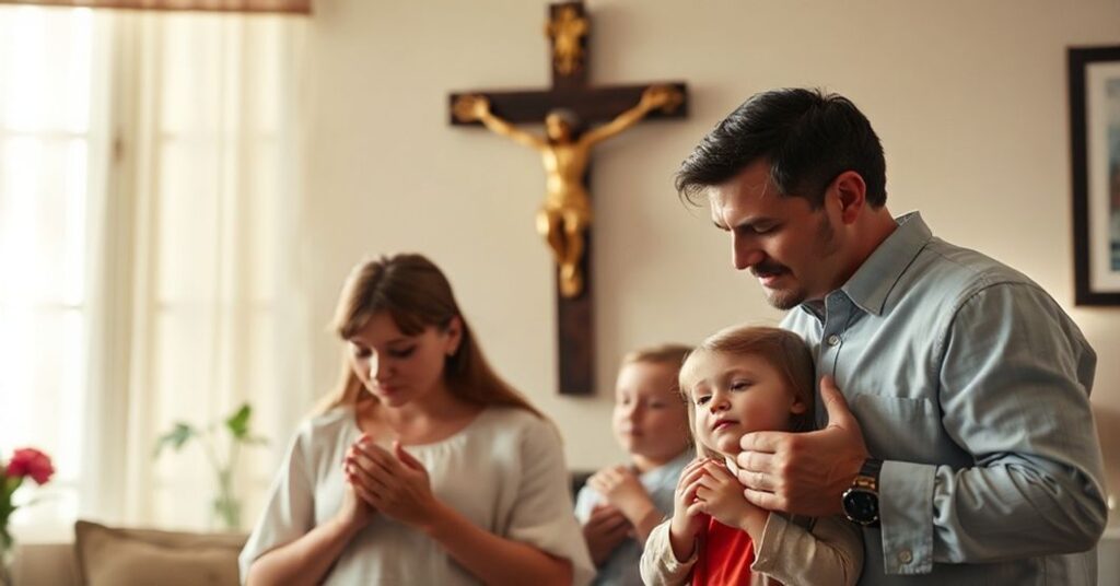 Czcigodna katolicka rodzina modli się w domu z krzyżem na tle.
