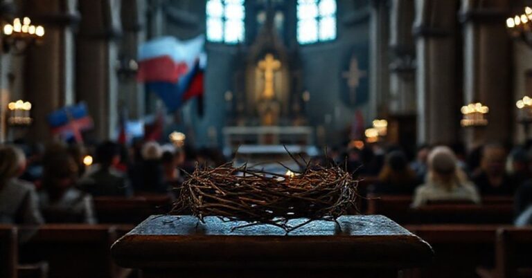 Obraz tradycyjnego kościoła katolickiego w Czechach z opuszczonym ołtarzem i koroną cierniową symbolizującą detronizację Chrystusa Króla