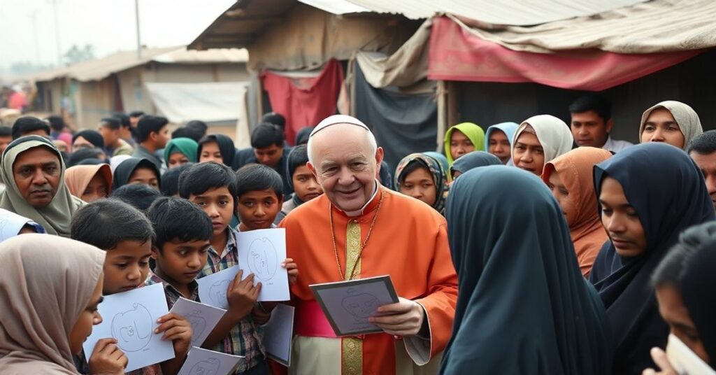Realistyczny obraz przedstawiający Michaela Czernego w obozie dla uchodźców Rohingya w Cox's Bazar, Bangladeszu.
