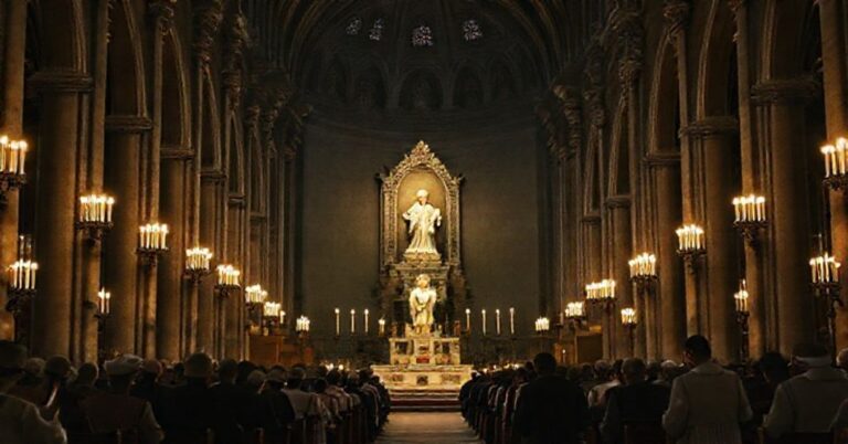 Wnętrze katolickiej bazyliki z tradycyjnymi elementami gotyckimi i modlącymi się wiernymi przed rzeźbą św. Józefa.