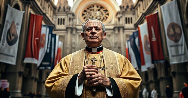 Biskup katolicki w tradycyjnych szatach liturgicznych stoi przed katedrą, trzymając krzyż. Tło przedstawia konflikt między wiarą a świeckim światem polityki.