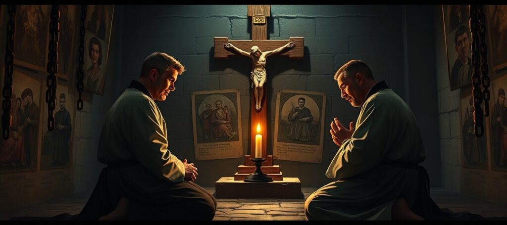 Obraz przedstawiający czeskich męczenników Jana Bulę i Václava Drbolę w tradycyjnym katolickim ujęciu przed krzyżem w ciemnej celi więziennej z symbolami wiary i tradycyjną liturgią.