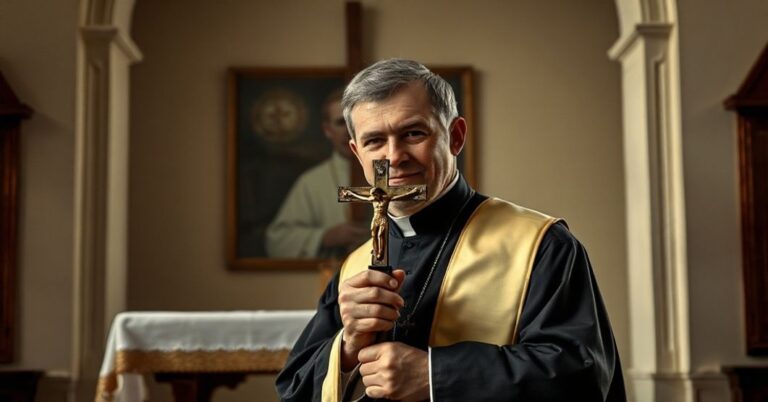 Tradycyjny ksiądz katolicki w szatach liturgicznych przed ołtarzem, z krzyżem w ręku, z widocznym na tle rozmytym zdjęciem kard. Dominika Duki OP.