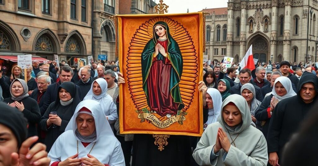 Grupa katolików modliących się w Czestochowie z banerem Matki Boskiej Częstochowskiej podczas protestu przeciwko grzechowi sodomii.