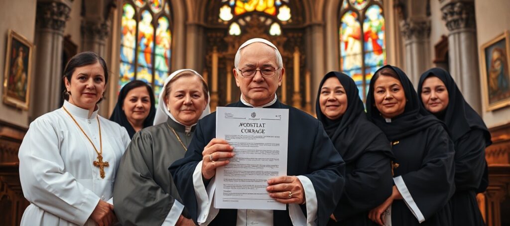 Członkowie Apostolatu Courage stoją przed ołtarzem w kościele z raportem synodalnym w ręku.