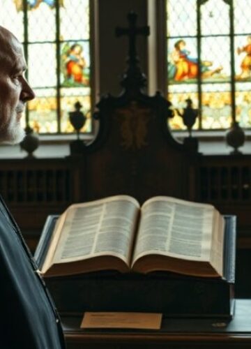 Mężczyzna w tradycyjnym stroju katolickim kontempluje Biblię Gutenberga w Pelplinie Mężczyzna w tradycyjnym stroju katolickim kontempluje Biblię Gutenberga w Muzeum Biblii Gutenberga i Sztuki Sakralnej w Pelplinie