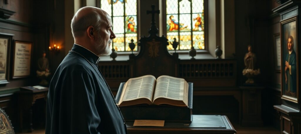 Mężczyzna w tradycyjnym stroju katolickim kontempluje Biblię Gutenberga w Muzeum Biblii Gutenberga i Sztuki Sakralnej w Pelplinie