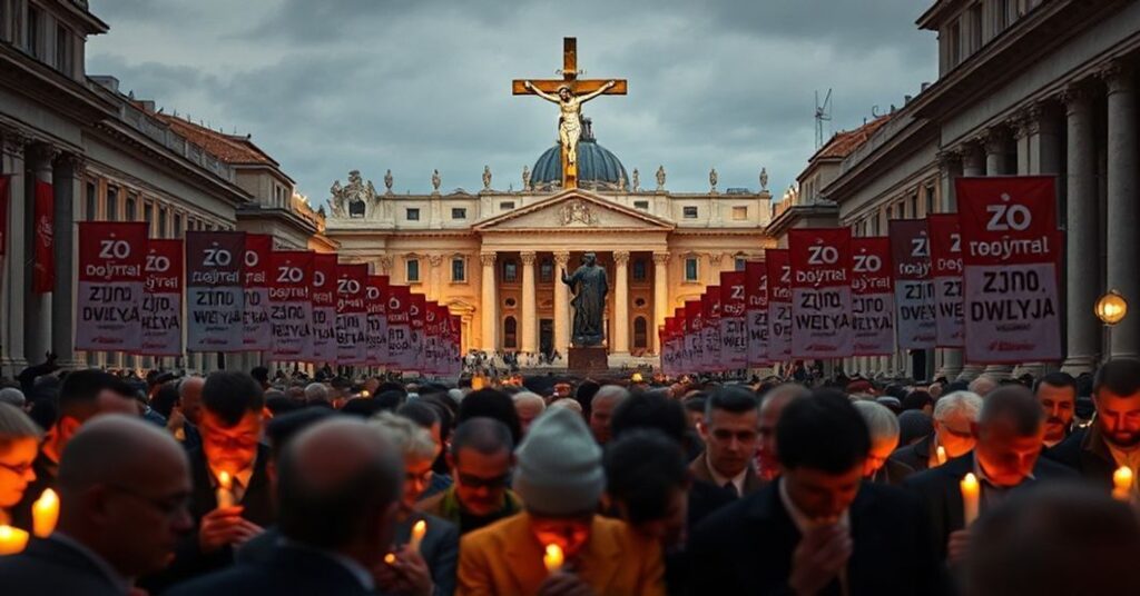 Zgromadzenie wiernych na placu św. Piotra w Rzymie podczas czuwania modlitewnego w 47. rocznicę wyboru Karola Wojtyły, z widocznym krzyżem i modlącymi się Polakami na pierwszym planie