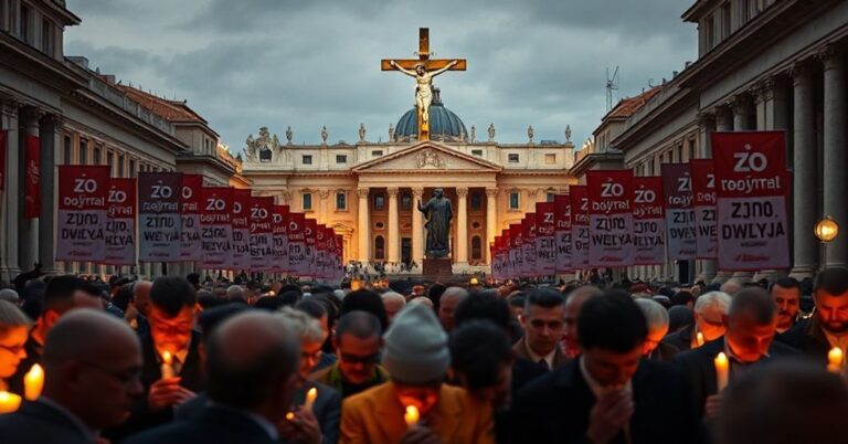 Zgromadzenie wiernych na placu św. Piotra w Rzymie podczas czuwania modlitewnego w 47. rocznicę wyboru Karola Wojtyły, z widocznym krzyżem i modlącymi się Polakami na pierwszym planie