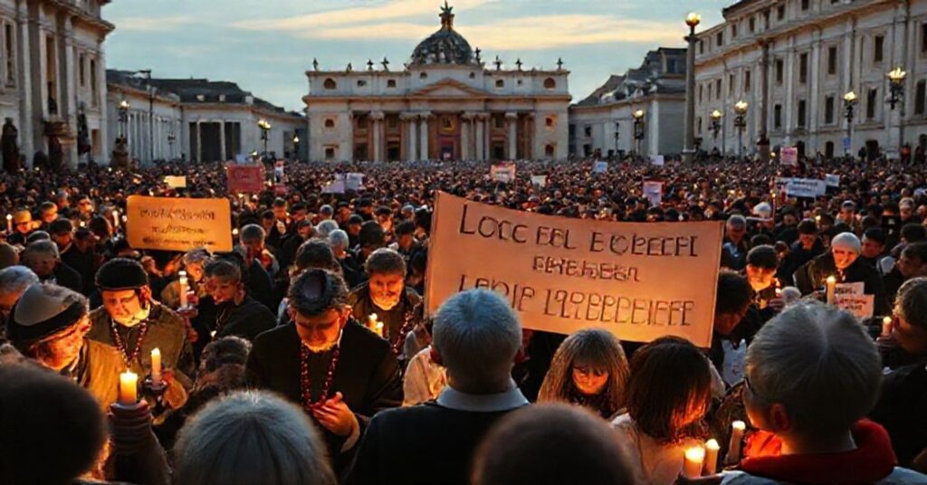 Czuwanie modlitewne na Placu Świętego Piotra z udziałem tłumu modlących się z różańcem i modernistycznymi tajemnicami światła w tle