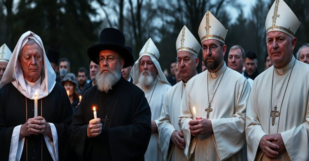 Fotografia realistyczna i poważna duchowa scena czuwania katolickiego na Jasnej Górze, ukazująca duchową refleksję nad kryzysem wiary i modernistycznymi zagrożeniami.