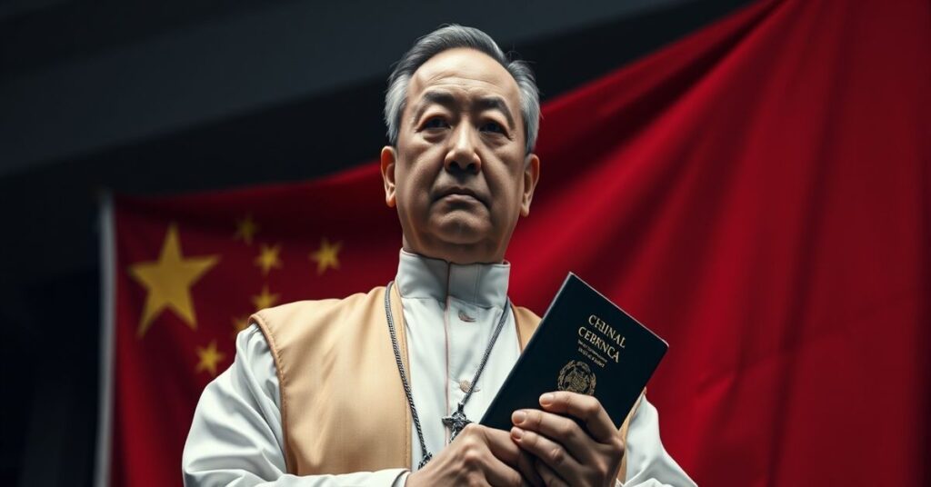 Ksiądz katolicki w tradycyjnej szacie stojący przed chińskim komunistycznym flagą, trzymając odrzucony paszport, symbolizujący prześladowanie Kościoła przez schizmatyczne Stowarzyszenie Patriotyczne.