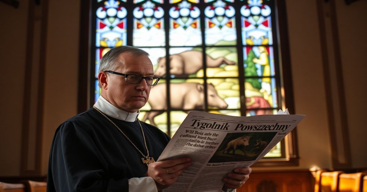 Katolicki mężczyzna w tradycyjnym stroju czytający Tygodnik Powszechny na temat dzików w miastach w kościele z witrażami