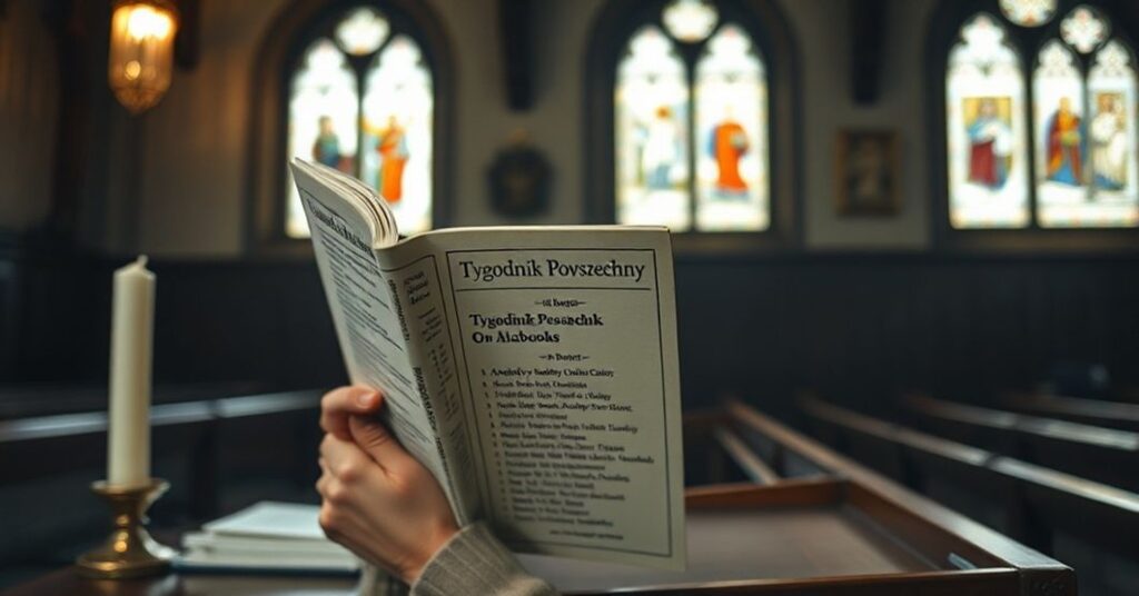 Czytelnik katolicki trzymający egzemplarz "Tygodnika Powszechnego" z listą 60 księżek w tradycyjnym wnętrzu kościoła. Scena podkreśla kontrast między wiarą a współczesną apostazją.