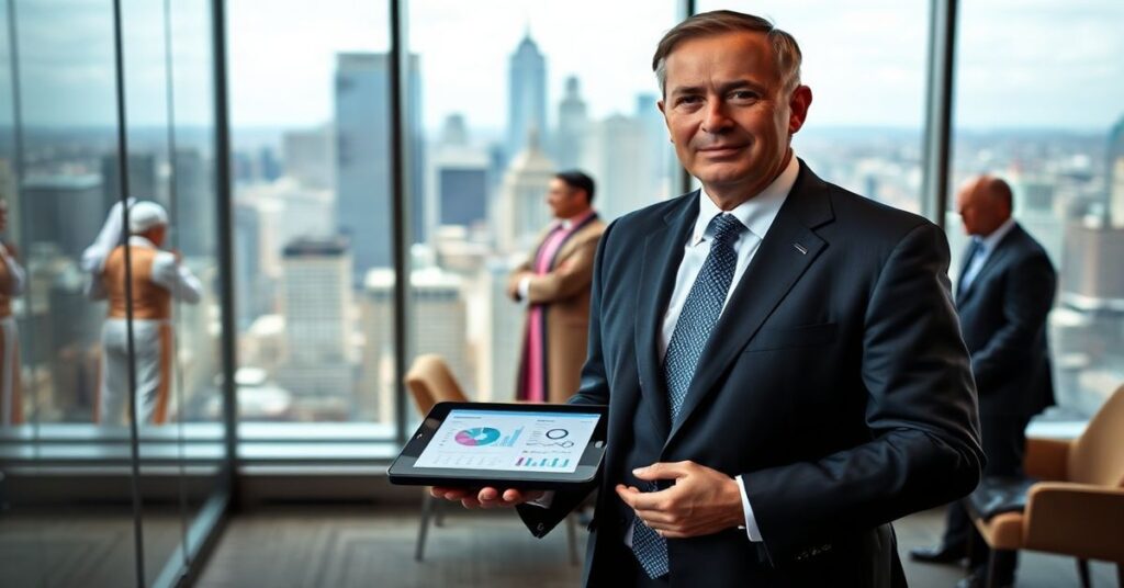 Portret Dana Cellucciego, CEO Catholic Leadership Institute (CLI), w nowoczesnym biurze z widokiem na miasto