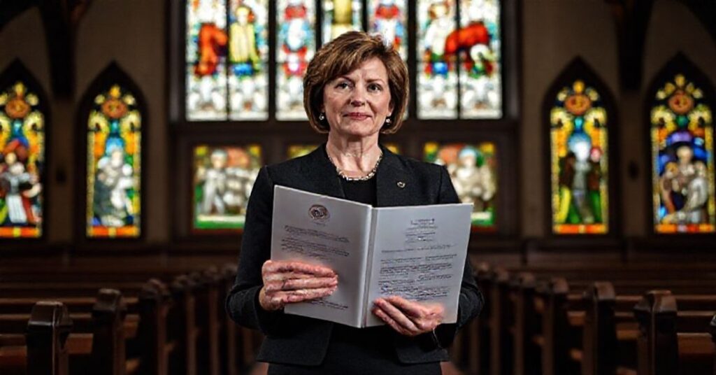 Portret premier Danielle Smith z Alberty w tradycyjnym kościele katolickim z witrażami i dokumentem ustawodawczym.