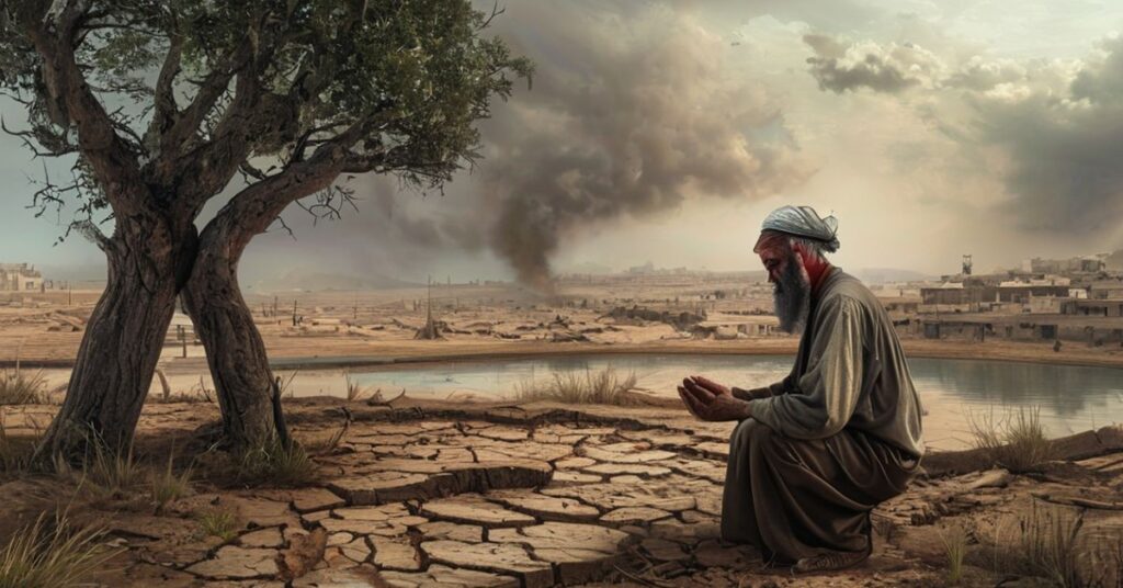 Zamarznięty krajobraz Daraa w Syrii - sucha ziemia i zniszczone systemy nawadniające symbolizujące ekologiczny i duchowy upadek