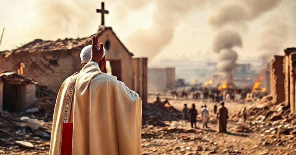 Sobór katolicki w Darfurze z biskupem w tradycyjnych szatach błogosławiącym zniszczoną wspólnotę wokół burzonych kościołów i budynków