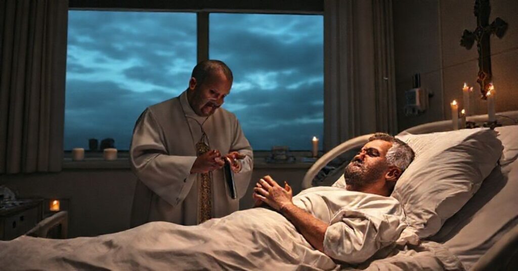 Człowiek w szpitalnym łóżku z kapłanem udzielającym sakramentu namaszczenia