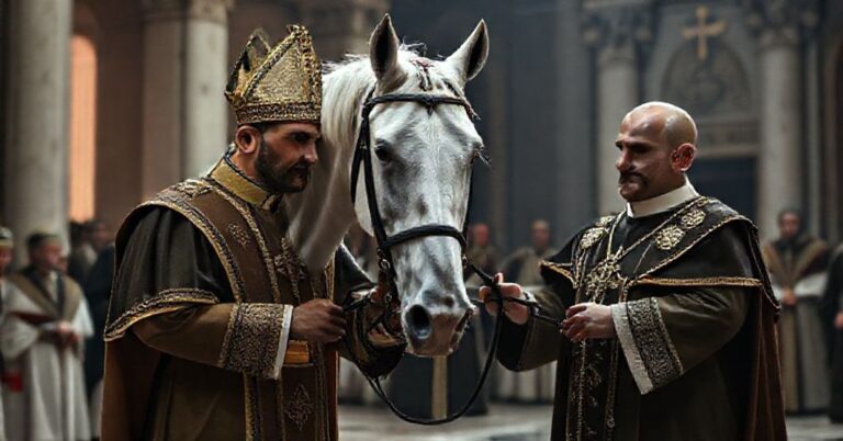 Oddanie biały koń imieniem Proton uzurpatorowi Leonowi XIV przez Andrzeja Michalskiego w Watykanie
