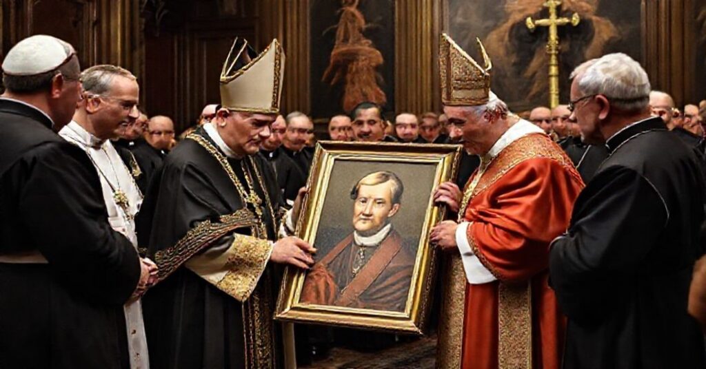 Wizerunek "biskupa" Romana Pindla przekazującego "papieżowi" Leonowi XIV portret "błogosławionego" Michała Tomaszka w tradycyjnym katolickim wnętrzu.