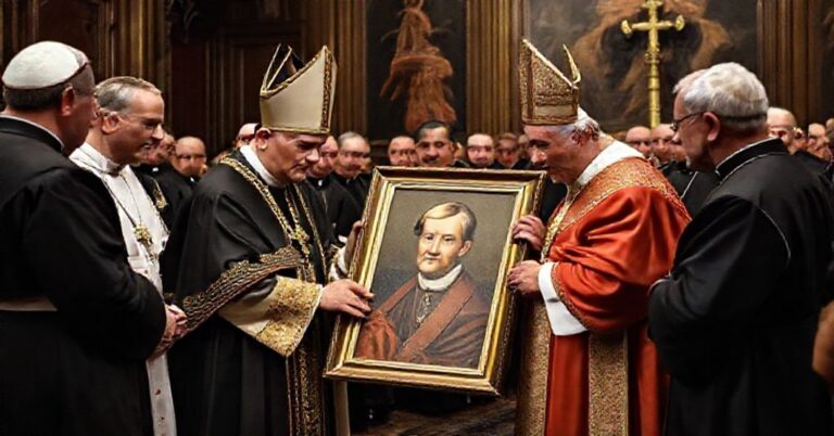 Wizerunek "biskupa" Romana Pindla przekazującego "papieżowi" Leonowi XIV portret "błogosławionego" Michała Tomaszka w tradycyjnym katolickim wnętrzu.