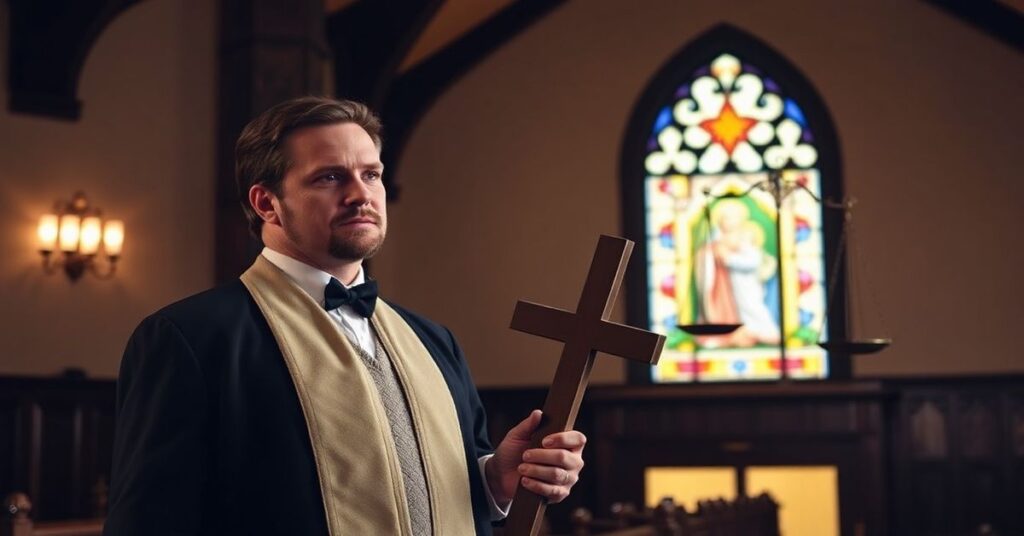 David Daleiden w kościele katolickim z krzyżem w ręku przed sądowym młotkiem i wagami sprawiedliwości