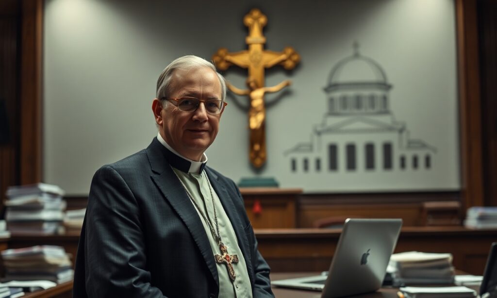 Zdjęcie przedstawia Davida Morensa, byłego doradcę dr. Anthony'ego Fauciego, stojącego w sądzie federalnym otoczonego dokumentami i laptopem z ukrytymi mailoami. W tle Instytut Wirusologii w Wuhan symbolizuje ukryte pochodzenie COVID-19. Scena odzwierciedla moralne upadki i systemową korupcję.
