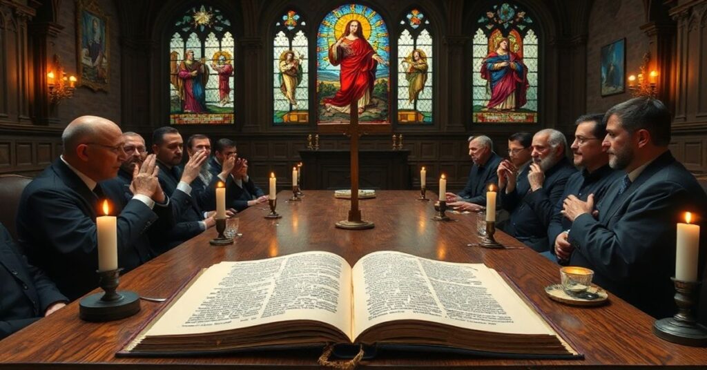 Pomieszczenie z witrażami przedstawiającymi Chrystusa Króla, w którym trwa dyskusja na temat autonome broni i etyki wojennej w perspektywie katolickiej.