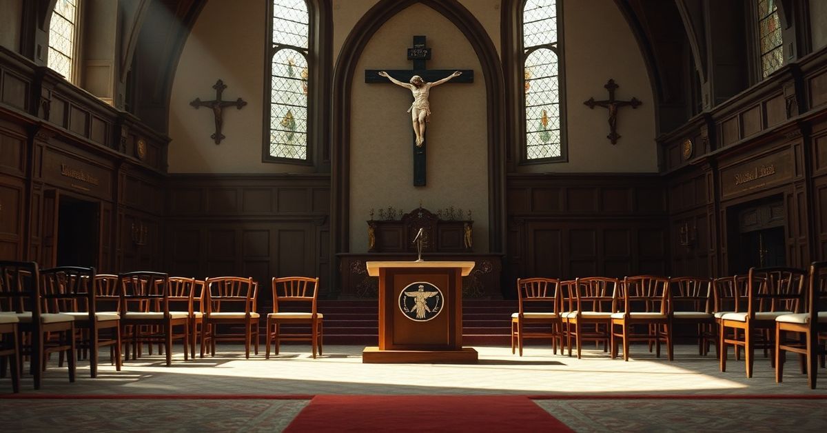 Wnętrze tradycyjnego kościoła z pustym sceną debaty i krzyżem w tle symbolizującym brak prawdziwej wiary w nowoczesnych dyskusjach.