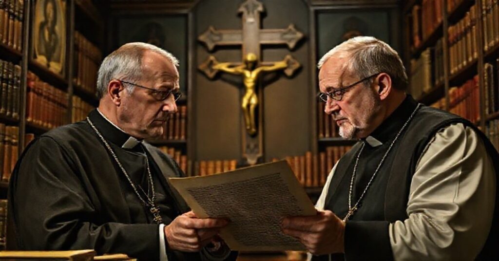 Starsi katolickie uczone w tradycyjnych szatach dyskutują na temat polskiego nacjonalizmu w bibliotecie.