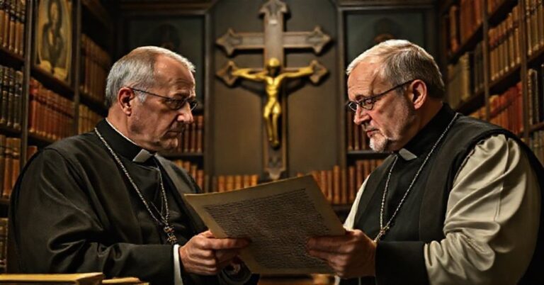 Starsi katolickie uczone w tradycyjnych szatach dyskutują na temat polskiego nacjonalizmu w bibliotecie.