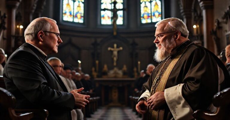Uroczyste zebranie katolickie w historycznym kościele z udziałem Dr. Aleksandra Bańki i ks. prof. Mirosława Gogolika, debatujących o synodalności.