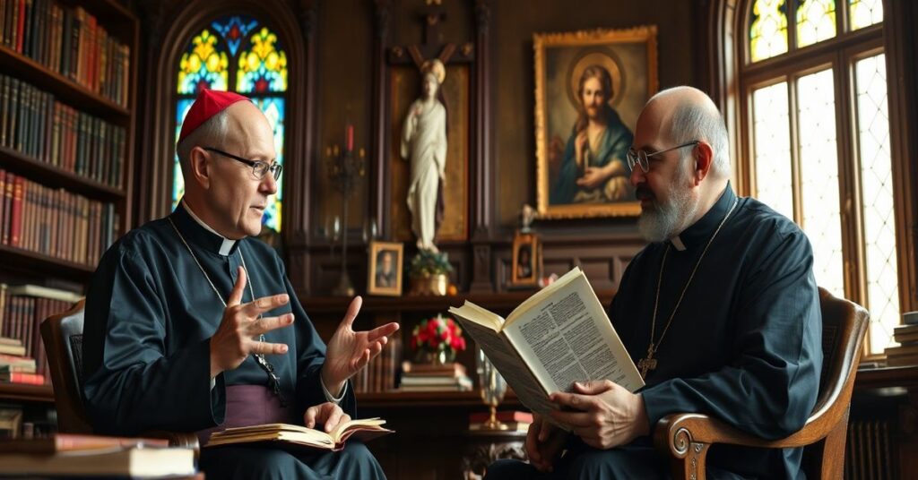 Ks. Andrzej Perzyński i ks. Waldemar Chrostowski dyskutują w bibliotece seminarium na temat judaizmu