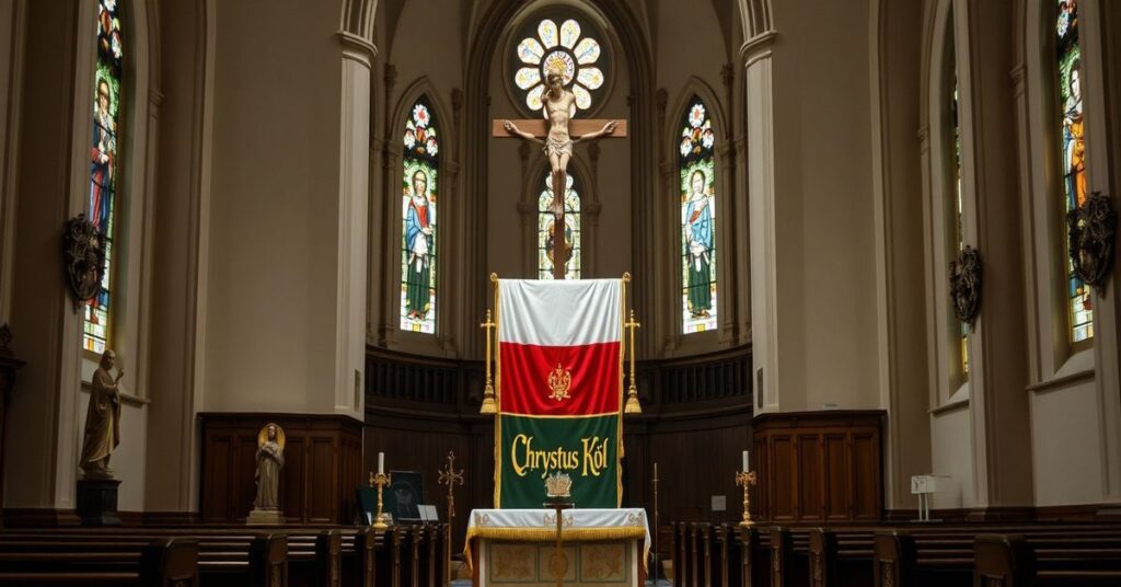 Wnętrze kościoła katolickiego z krzyżem centralnym i świętymi polskimi po bokach. Ołtarz przedstawia baner w barwach narodowych z napisem 'Chrystus Król'. Na zewnątrz widoczny jest ciemny Sejm z debatą Mariusza Błaszczaka i Władysława Kosiniaka-Kamisza nad dokumentami SAFE.