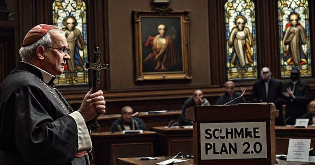 Obraz przedstawiający debatę w Parlamencie Europejskim na temat "Schuman Plan 2.0", z tradycyjnym katolickim księdzem trzymającym krucyfiks i przedstawicielami fundacji Clementy Schuman Legacy.