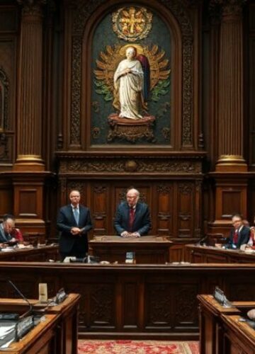Debata o związkach partnerskich w Sejmie - katolicki punkt widzenia Debata w Sejmie na temat związków partnerskich - politycy dyskutują w tradycyjnym salonie sejmowym z elementami katolickimi.