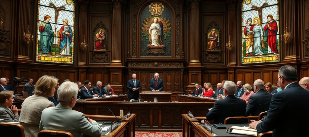 Debata w Sejmie na temat związków partnerskich - politycy dyskutują w tradycyjnym salonie sejmowym z elementami katolickimi.
